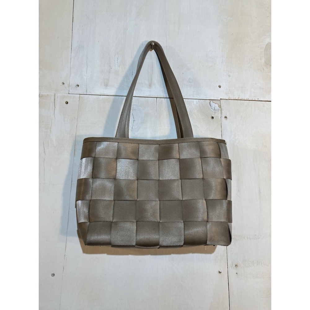 Y2K Vintage Harveys Seatbelt Bag Woven Tote Champagne Taupe Metallic Shoulder